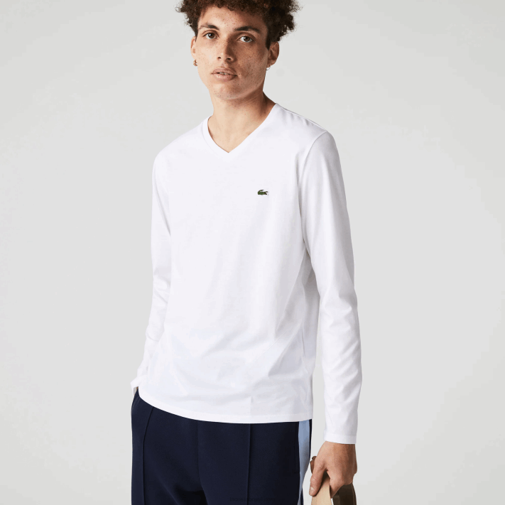Lacoste camiseta leve de algodão pima com decote em v homens branco 001 88BL675 - Image 4