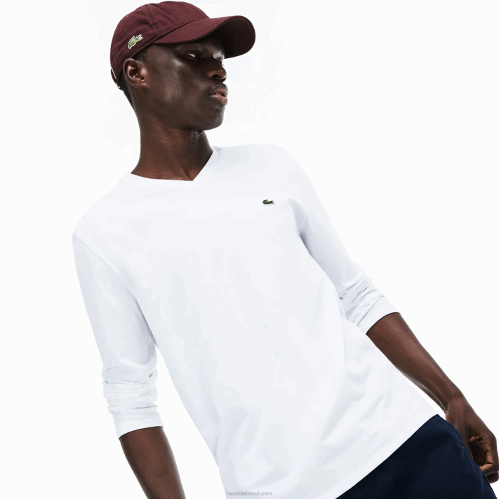 Lacoste camiseta leve de algodão pima com decote em v homens branco 001 88BL675 - Image 6
