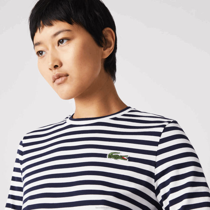 Lacoste camiseta listrada de algodão mulheres preto/branco 88BL2559 - Image 6