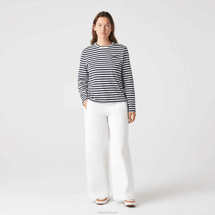 Lacoste camiseta listrada de algodão mulheres preto/branco 88BL2559 - Image 9