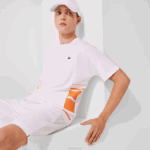 Lacoste camiseta piquê gola redonda com bandas gráficas esportivas homens branco amarelo laranja d0v 88BL1922 - Image 2