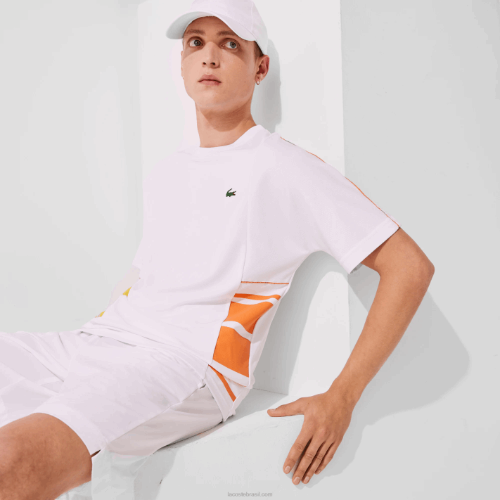 Lacoste camiseta piquê gola redonda com bandas gráficas esportivas homens branco amarelo laranja d0v 88BL1922 - Image 2