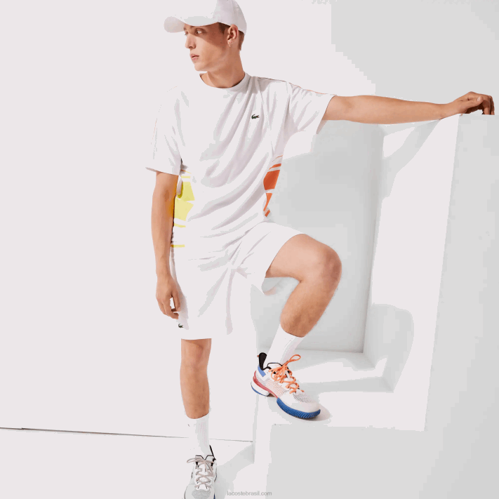 Lacoste camiseta piquê gola redonda com bandas gráficas esportivas homens branco amarelo laranja d0v 88BL1922 - Image 1