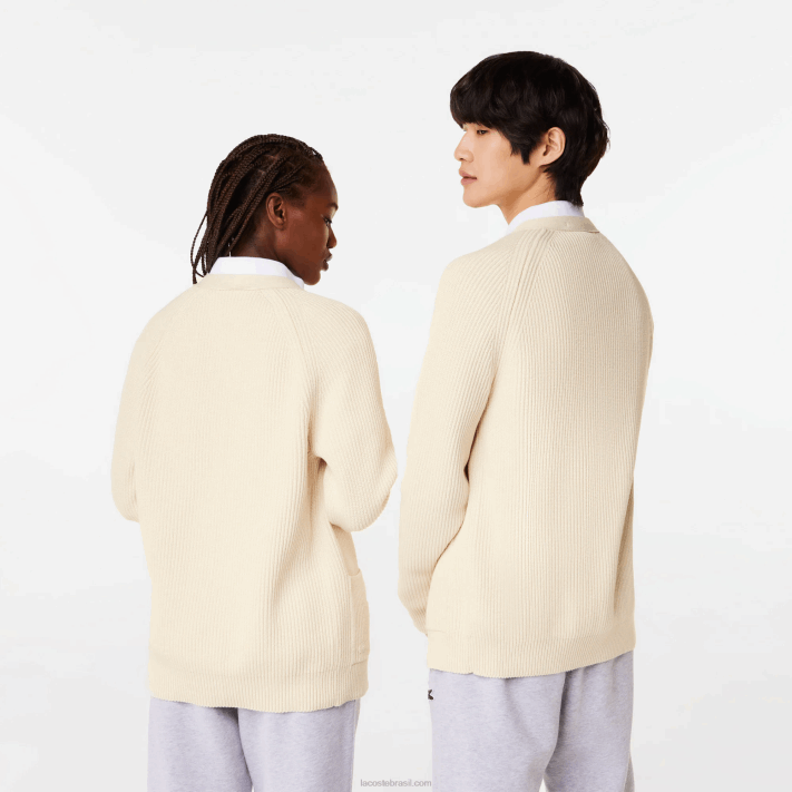Lacoste cardigã de algodão orgânico com decote em V homens branco xfj 88BL492 - Image 3