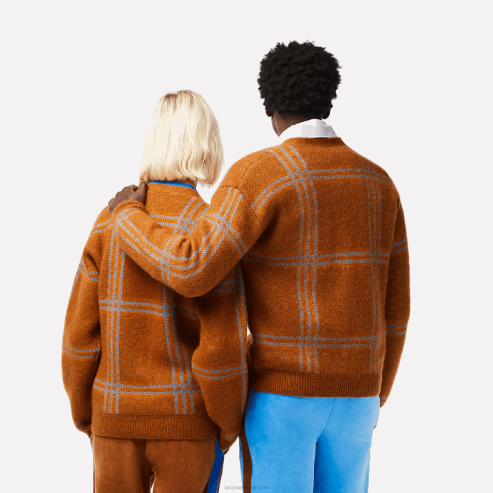 Lacoste cardigã de lã padrão tartan mulheres marrom azul laranja vn2 88BL1395 - Image 2