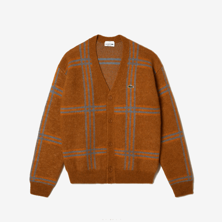 Lacoste cardigã de lã padrão tartan mulheres marrom azul laranja vn2 88BL1395 - Image 3