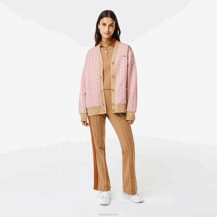 Lacoste cardigã solto com estampa de monograma mulheres rosa claro bege nxg 88BL2634 - Image 2