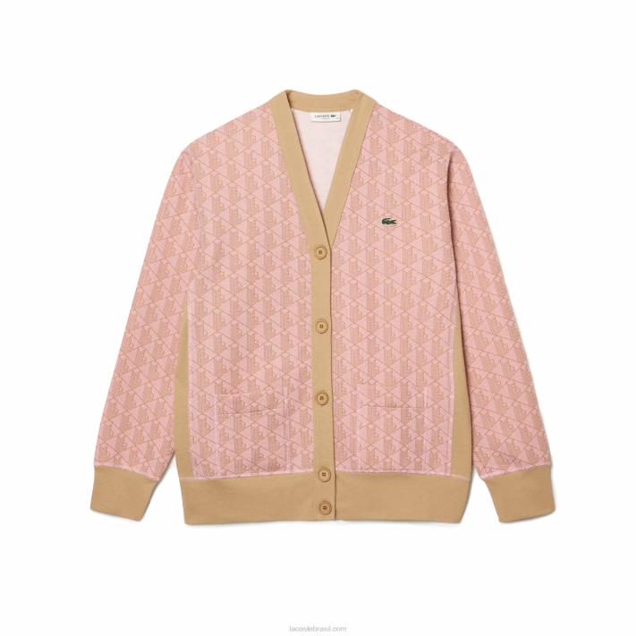 Lacoste cardigã solto com estampa de monograma mulheres rosa claro bege nxg 88BL2634 - Image 4