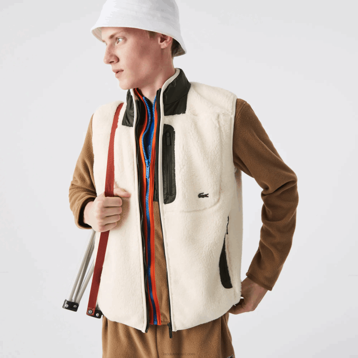 Lacoste colete de lã sherpa homens branco caqui verde u9n 88BL1263 - Image 2
