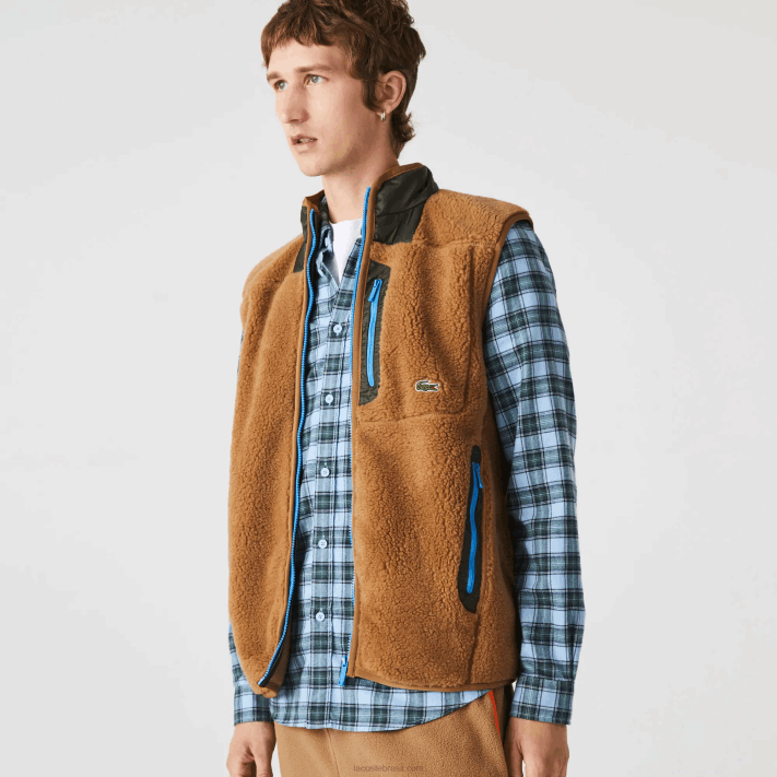 Lacoste colete de lã sherpa homens marrom caqui verde 89f 88BL1262 - Image 5