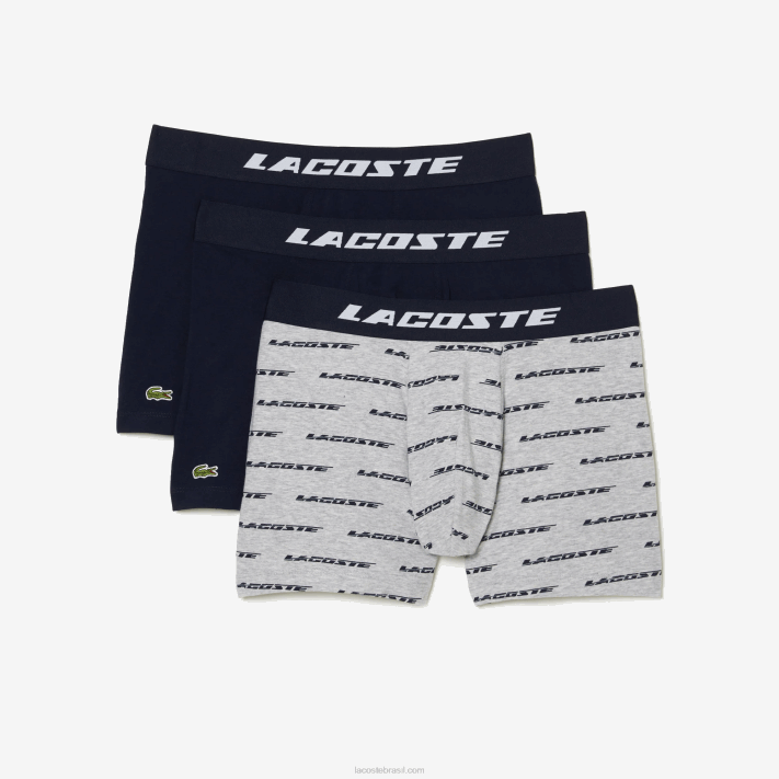 Lacoste Conjunto de 3 cuecas boxer com estampa de logo homens chines cinza azul marinho 9zu 88BL446 - Image 5
