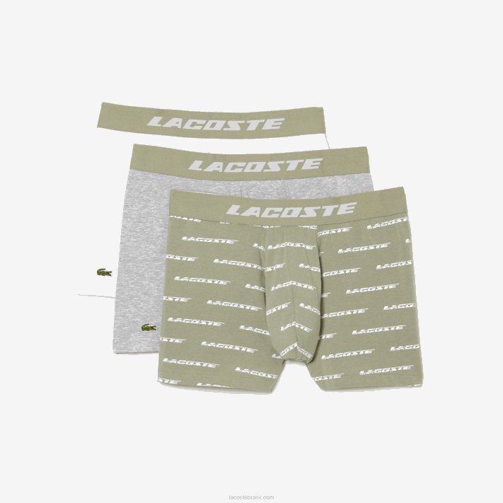 Lacoste Conjunto de 3 cuecas boxer com estampa de logo homens lombo verde cáqui cinza gc9 88BL447 - Image 5