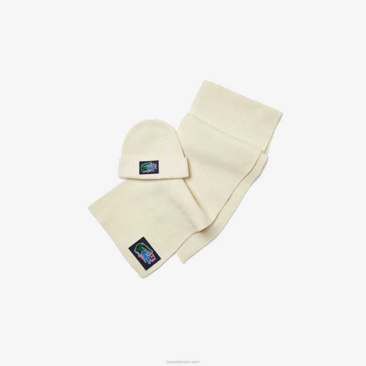 Lacoste Conjunto de gorro e cachecol de lã com nervuras mulheres branco xfj 88BL1690 - Image 2