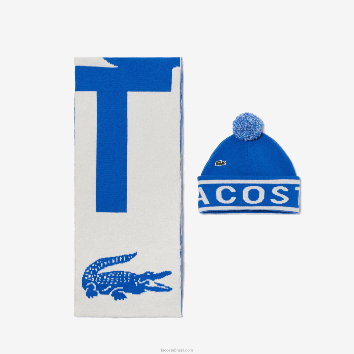 Lacoste conjunto de gorro e cachecol de malha jacquard homens azul branco vmz 88BL2296 - Image 1