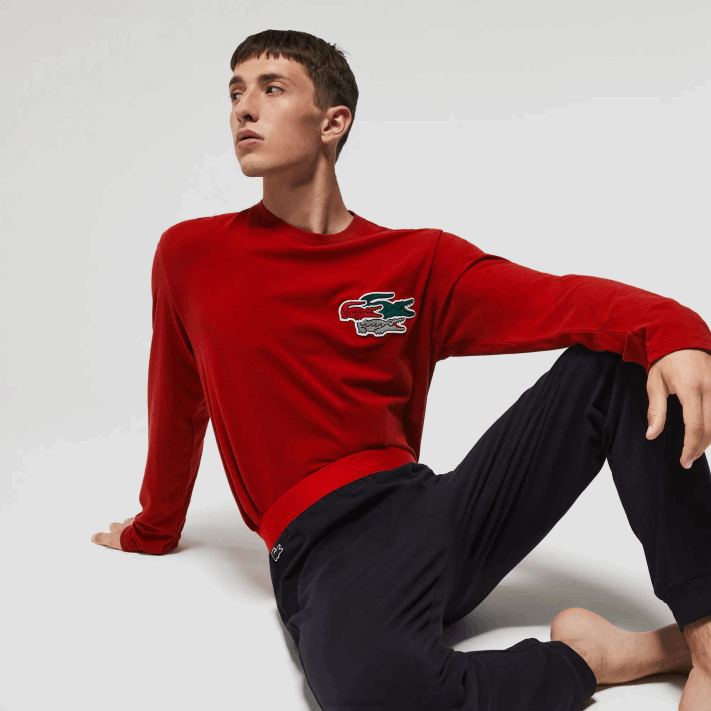 Lacoste conjunto de pijama de algodão elástico longo homens vermelho azul marinho rx1 88BL1639 - Image 2