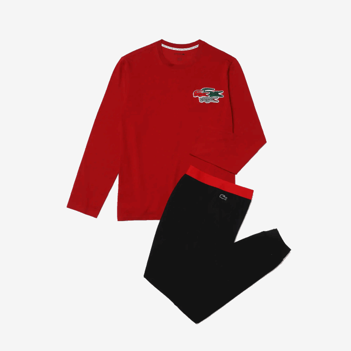 Lacoste conjunto de pijama de algodão elástico longo homens vermelho azul marinho rx1 88BL1639 - Image 4