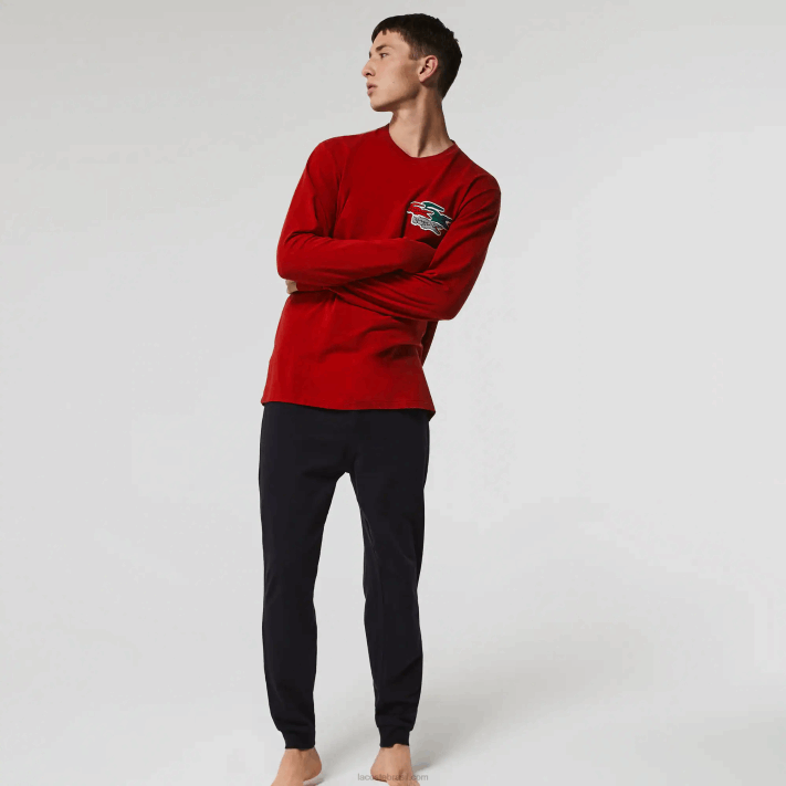 Lacoste conjunto de pijama de algodão elástico longo homens vermelho azul marinho rx1 88BL1639 - Image 1