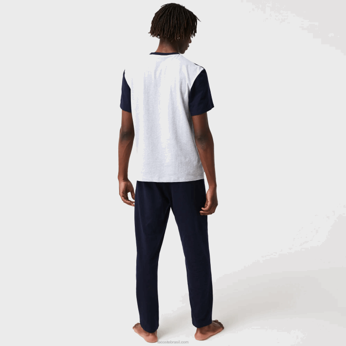 Lacoste conjunto de pijama longo de algodão elástico colorblock homens cinza chine marinho branco vermelho 4ty 88BL1510 - Image 3