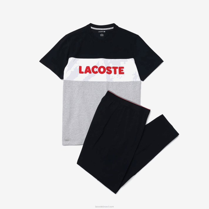 Lacoste conjunto de pijama longo de algodão elástico colorblock homens cinza chine marinho branco vermelho 4ty 88BL1510 - Image 4