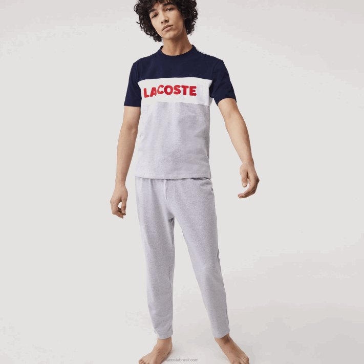Lacoste conjunto de pijama longo de algodão elástico colorblock homens cinza chine marinho branco vermelho 4ty 88BL1510 - Image 7
