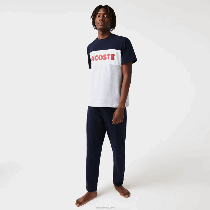 Lacoste conjunto de pijama longo de algodão elástico colorblock homens cinza chine marinho branco vermelho 4ty 88BL1510 - Image 1