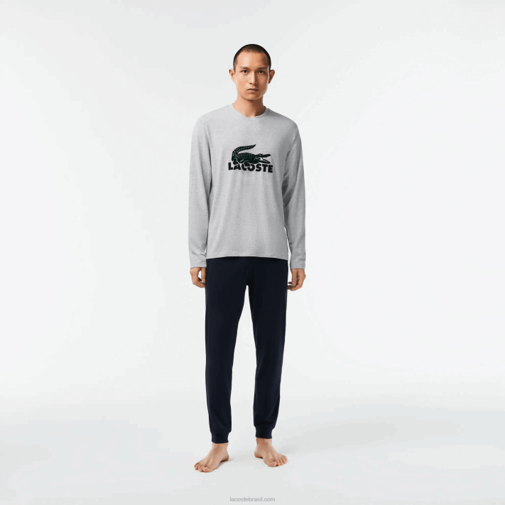 Lacoste conjunto de pijama longo de veludo logo homens azul marinho cinza chine verde vxd 88BL1457 - Image 1