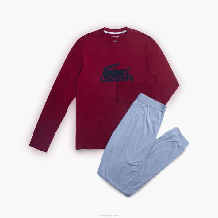 Lacoste conjunto de pijama longo de veludo logo homens lombo bordeaux cinza escuro 90h 88BL1458 - Image 1