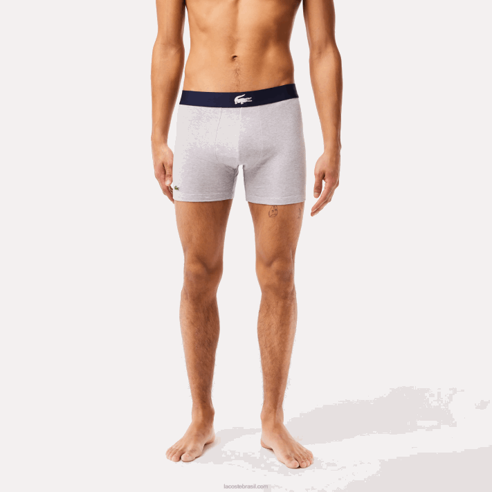 Lacoste cueca boxer de algodão elástico cintura de crocodilo pacote com 3 homens branco cinza chine azul marinho bck 88BL1369 - Image 3
