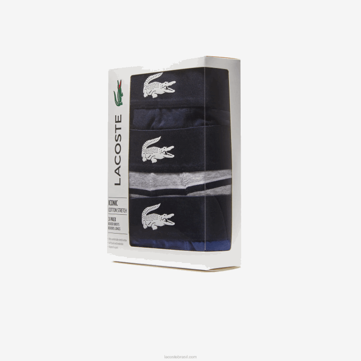 Lacoste cueca boxer de algodão elástico cintura de crocodilo pacote com 3 homens branco cinza chine azul marinho bck 88BL1369 - Image 6