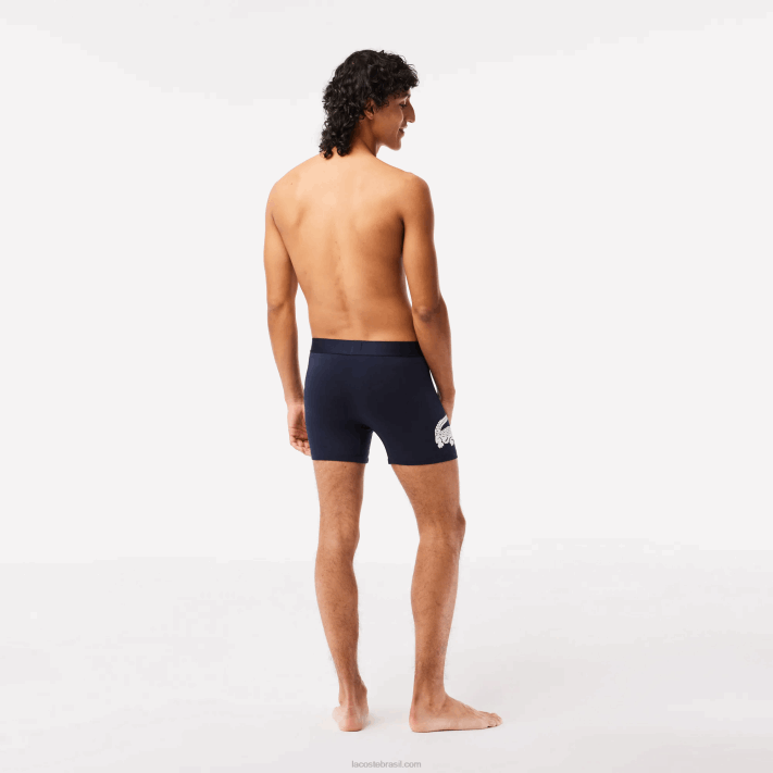 Lacoste cueca boxer de algodão elástico cintura de crocodilo pacote com 3 homens branco cinza chine azul marinho bck 88BL1369 - Image 7
