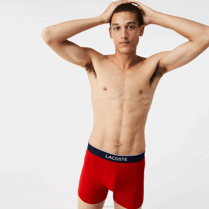 Lacoste cueca boxer de algodão elástico de cintura de marca pacote com 3 homens azul marinho cinza chine vermelho w3t 88BL1428 - Image 4