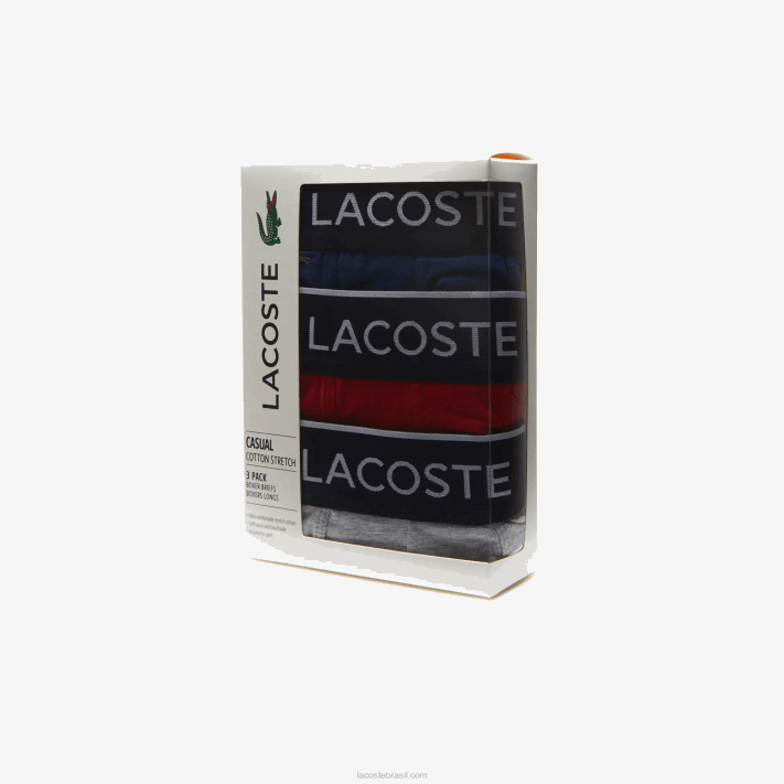 Lacoste cueca boxer de algodão elástico de cintura de marca pacote com 3 homens azul marinho cinza chine vermelho w3t 88BL1428 - Image 6