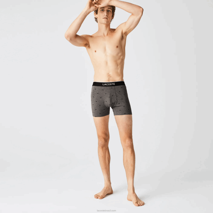 Lacoste cueca boxer de algodão elástico de cintura de marca pacote com 3 homens lombo cinza preto vdp 88BL1429 - Image 7