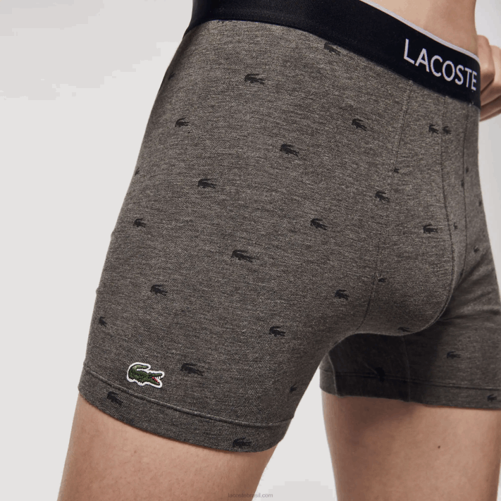 Lacoste cueca boxer de algodão elástico de cintura de marca pacote com 3 homens lombo cinza preto vdp 88BL1429 - Image 9