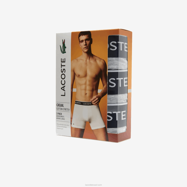 Lacoste cueca boxer de algodão elástico longo com 3 unidades homens chine cinza cca 88BL1407 - Image 5