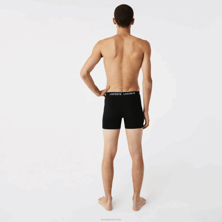 Lacoste cueca boxer de algodão elástico longo com 3 unidades homens chine preto branco nu 88BL1433 - Image 3