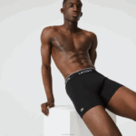 Lacoste cueca boxer de algodão elástico longo com 3 unidades homens chine preto branco nu 88BL1433 - Image 8