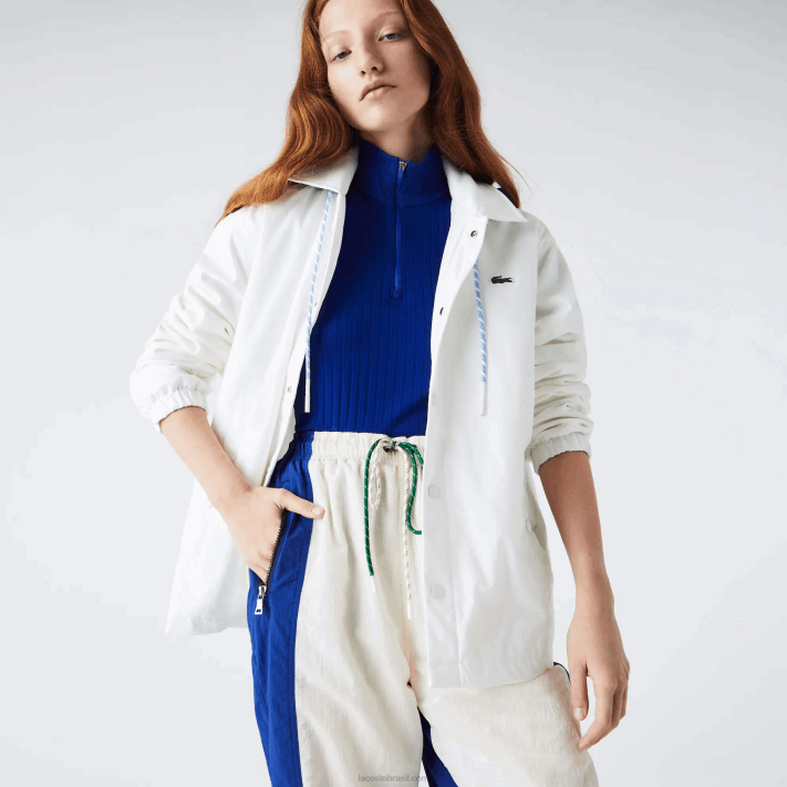 Lacoste jaqueta abotoada com capuz contraste ao vivo homens branco azul eme 88BL1316 - Image 2
