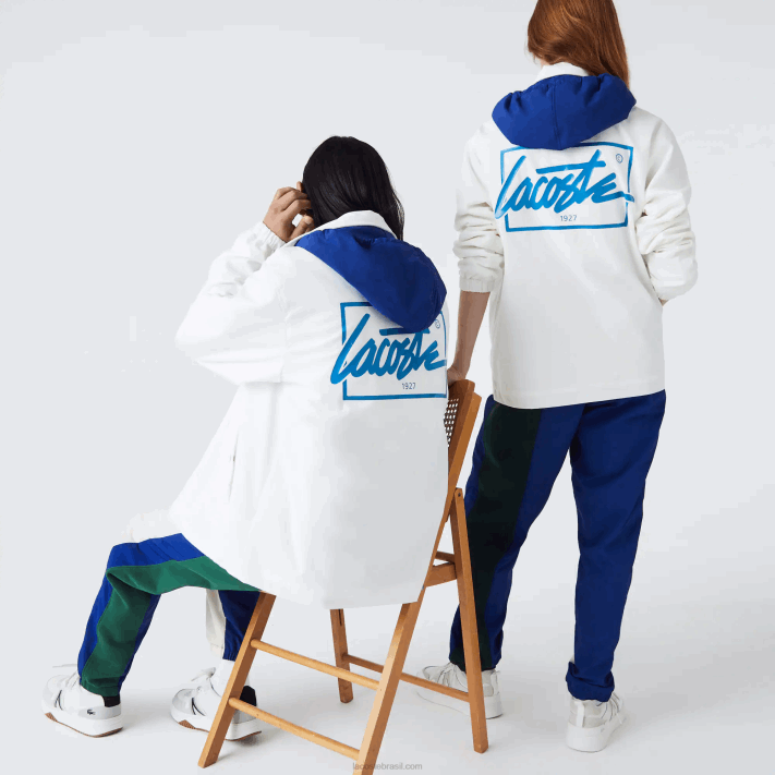Lacoste jaqueta abotoada com capuz contraste ao vivo homens branco azul eme 88BL1316 - Image 3