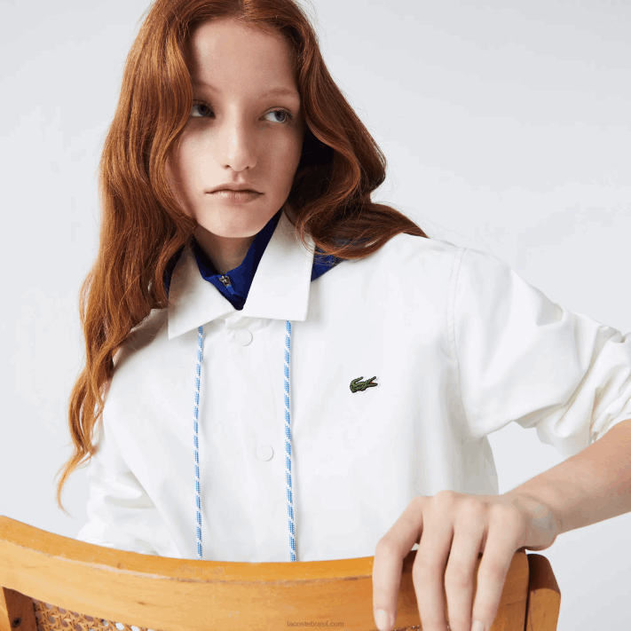 Lacoste jaqueta abotoada com capuz contraste ao vivo homens branco azul eme 88BL1316 - Image 6