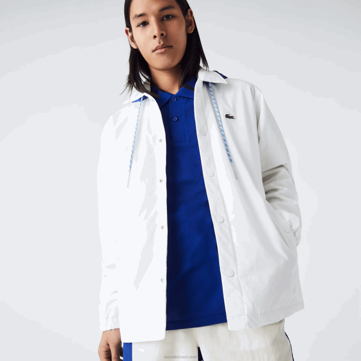 Lacoste jaqueta abotoada com capuz contraste ao vivo homens branco azul eme 88BL1316 - Image 7