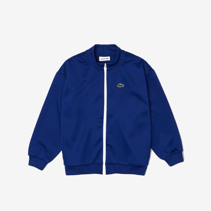 Lacoste Jaqueta de lã com gola alta e zíper da marca Heritage crianças emj branco azul 88BL3249 - Image 1