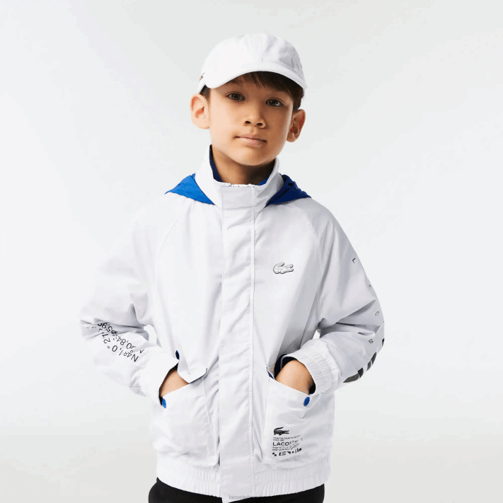 Lacoste jaqueta repelente de água com capuz removível crianças branco azul preto 9cw 88BL3240 - Image 2