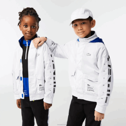 Lacoste jaqueta repelente de água com capuz removível crianças branco azul preto 9cw 88BL3240