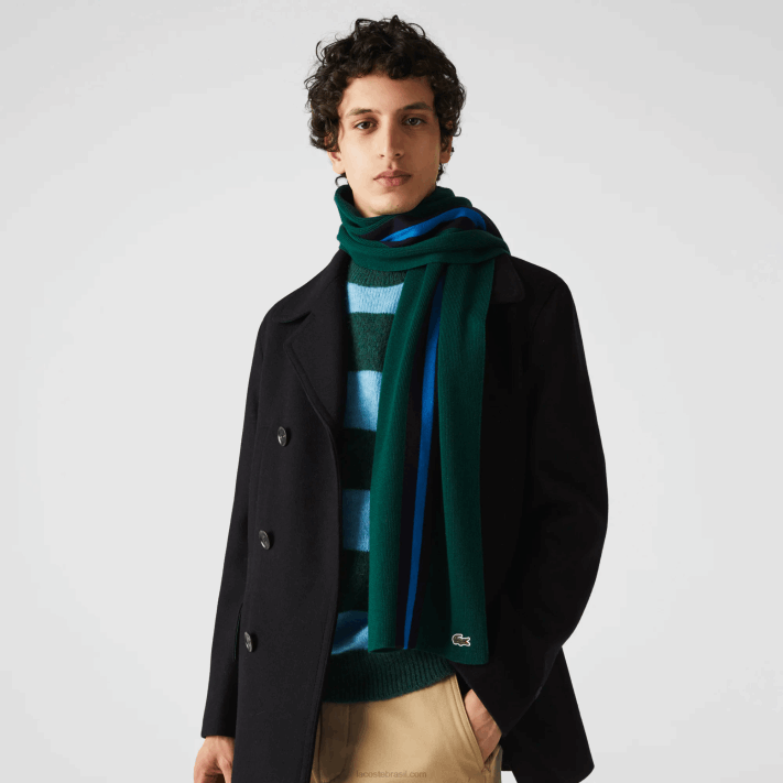 Lacoste lenço de lã listrado esportivo homens verde azul marinho 0wa 88BL2299 - Image 1
