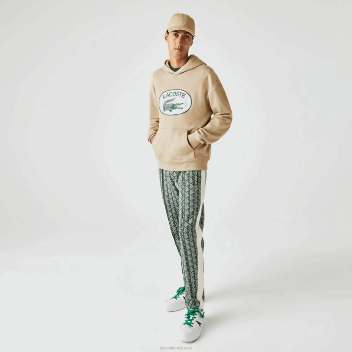 Lacoste moletom com capuz de monograma de marca de ajuste solto homens bege 02s 88BL971 - Image 2