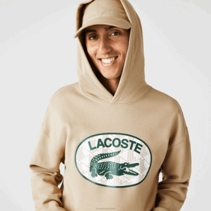 Lacoste moletom com capuz de monograma de marca de ajuste solto homens bege 02s 88BL971