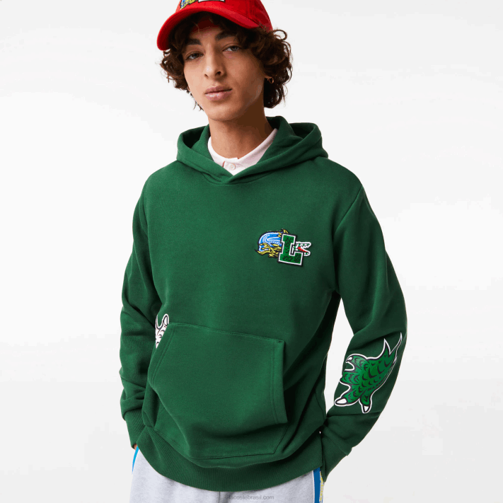 Lacoste moletom com capuz estampado com efeito cômico homens verde 132 88BL1132 - Image 1