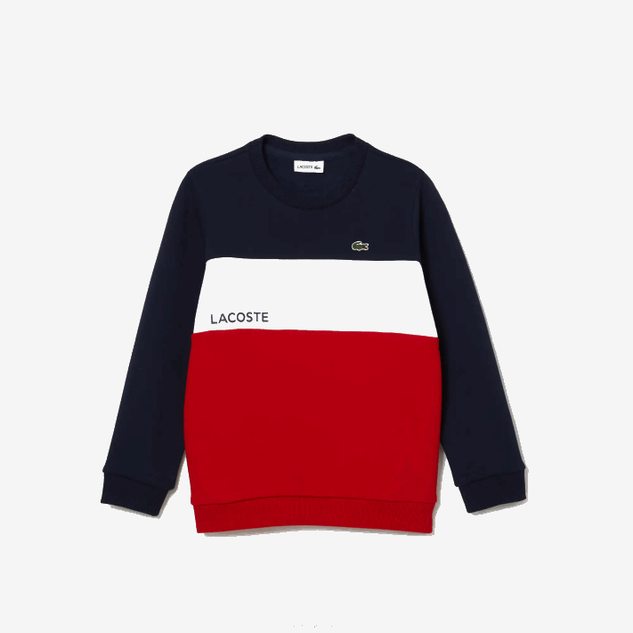 Lacoste moletom de gola redonda de marca crianças azul marinho branco vermelho lei 88BL3237 - Image 3