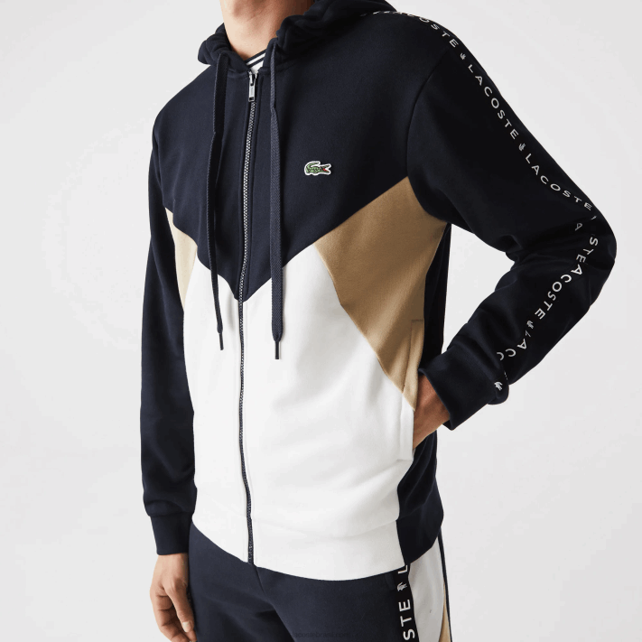 Lacoste moletom de lã com capuz e letras colorblock homens azul marinho branco bege e8t 88BL997 - Image 5
